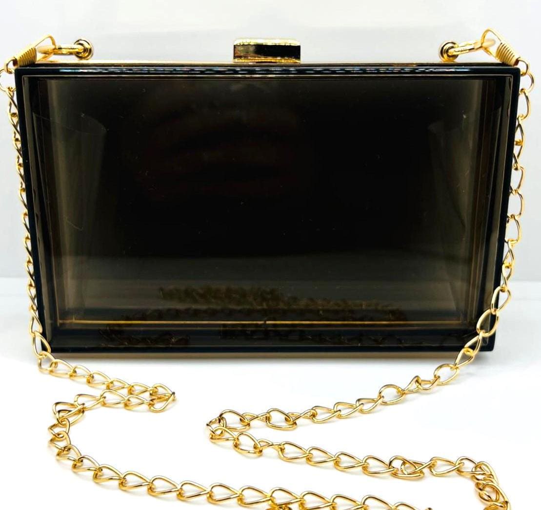 Transparente Schwarze Acryl-Clutch | Goldene Statement Tasche Mit Kette Elegante Abendtasche Damen von CrownedBeautyTezsah