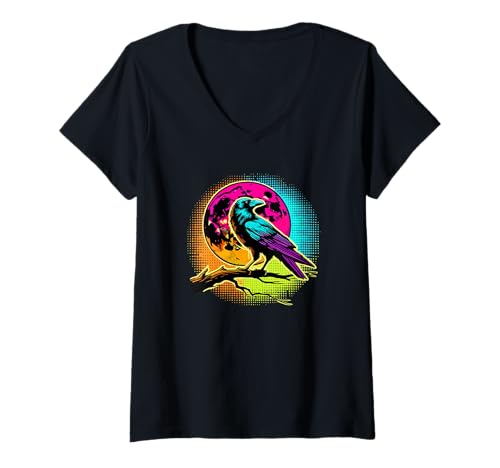 Damen Comics Art Krähe Silhouette Rabe Krähen T-Shirt mit V-Ausschnitt Damen Comics Art Krähe Silhouette Rabe Krähen T-Shirt mit V-Ausschnitt von Crows Lover Gifts
