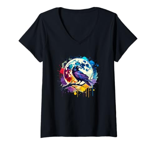 Damen Splash Art Krähe Silhouette Rabe Krähen T-Shirt mit V-Ausschnitt von Crows Lover Gifts