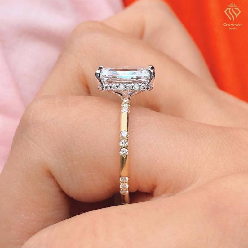 3, 5 Ct Strahlenden Schnitt Verlobungsring Versteckter Heiligenschein 14K Goldring Moissanite Versprechensring Pave Einstellung Ring Für Frauen von CrowwnJewels