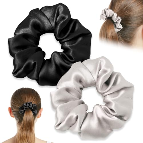 100% Seide Haarringe Maulbeerseide, 2er-Pack Hair Ties aus Mulberry Silk, Silk Scrunchie,Damen Pferdeschwanzhalter Haarband aus Seide,Seiden-Brokat, weiche Schlaf-Haargummis,Weiß + Schwarz von Crrynuo