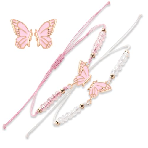 2 Stück BFF-Armbänder, Verstellbare Schmetterling Matching Freundschaftsarmbänder handgefertigter Armband Schmetterling für beste Freunde Mode Damen Schmuck Geschenke, Weiß+Rosa von Crrynuo