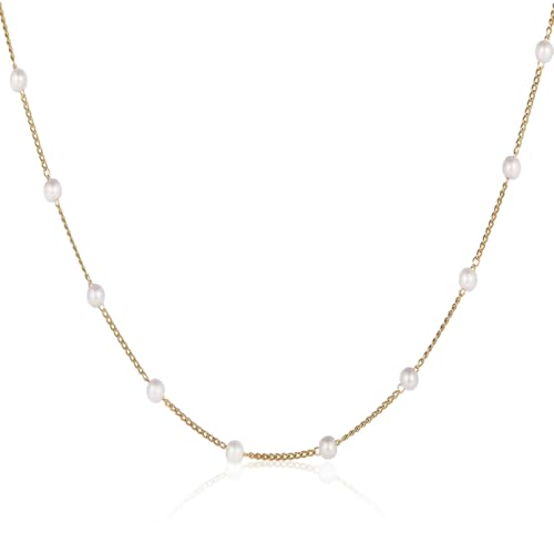 Crrynuo 18K Gold Perlen Kette Damen Frauen, Silber Halskette mit Mädchen Teenager,Perlen Kette Choker Kette Goldkette mit Süßwasserperlen Perlen Modeschmuck Geschenke Schmuck Dame von Crrynuo