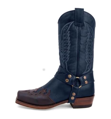 CrtTsks Herren Stiefel aus Leder Rindsleder mit Cowboy Biker Motorrad Boots Klassisch,Blau,44 EU von CrtTsks