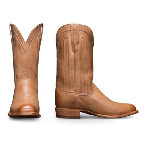 CrtTsks Herren Western Cowboy Stiefel Vintage Quadratische Zehe Land Echtleder Reiten Biker Boots,Gelb,42 EU von CrtTsks