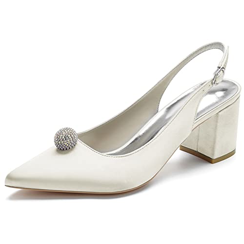 CrtTsks Hochzeitsschuhe Für Braut Satin Klobige Ferse Für Hochzeit Abend Sandalen High Heel mit Strasssteinen 35-43,Elfenbein,42 EU von CrtTsks