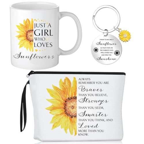 Crtiin 3-teiliges Set mit Sonnenblumen-Geschenktaschen für Frauen, Weihnachtsgeschenke, Sonnenblumen, Kosmetiktasche, 325 ml, inspirierender Schlüsselanhänger, Geschenk für Sonnenblumenliebhaber, von Crtiin