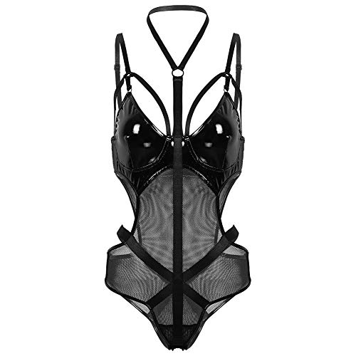 Crubelon Damen Wetlook Dessous Leder Bodysuit Mesh Patchwork Neckholder High Cut Leotard Bodysuit Clubwear, schwarz, Small von Crubelon
