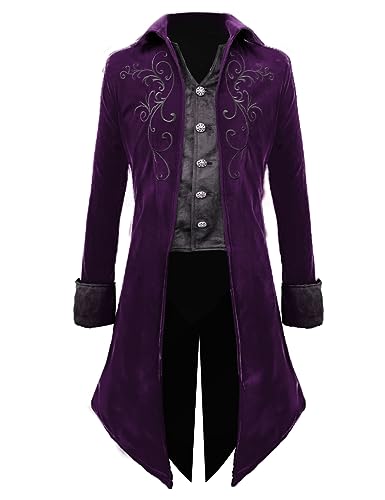 Crubelon Herren Steampunk Frack Jacke Gothic Mittelalter Viktorianischer Gehrock, Violett, XL von Crubelon