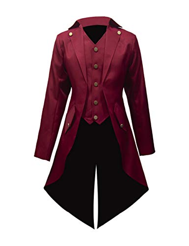 Crubelon Herren Steampunk Vintage Jacke Gothic Viktorianischen Frock Mantel Uniform - Rot - Large von Crubelon