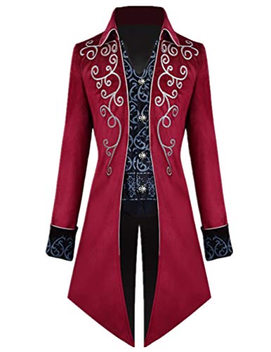 Crubelon Herren Steampunk Vintage Tailcoat Jacke Gothic Victorian Frock Coat Uniform Halloween Kostüm - Rot - Mittel von Crubelon