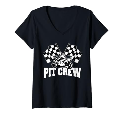 Damen Pit Crew Motorrad-Rennparty und Karierte Flagge T-Shirt mit V-Ausschnitt von Crudo