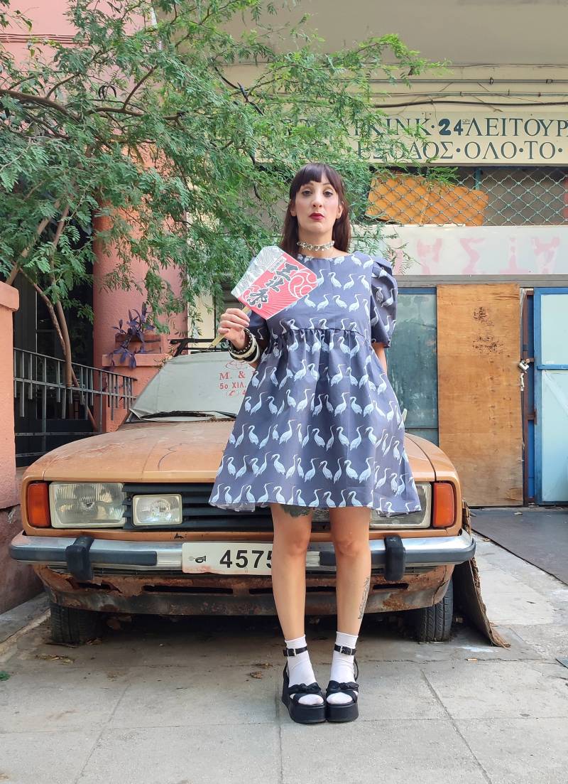 Oversized Mini Kleid Mit Reiher Print, Taschen Und Puffärmel, Loose Fit Schwarzes Baumwollkleid, Umstandskleid, Made To Order, Plus Sizes von CruelCandy