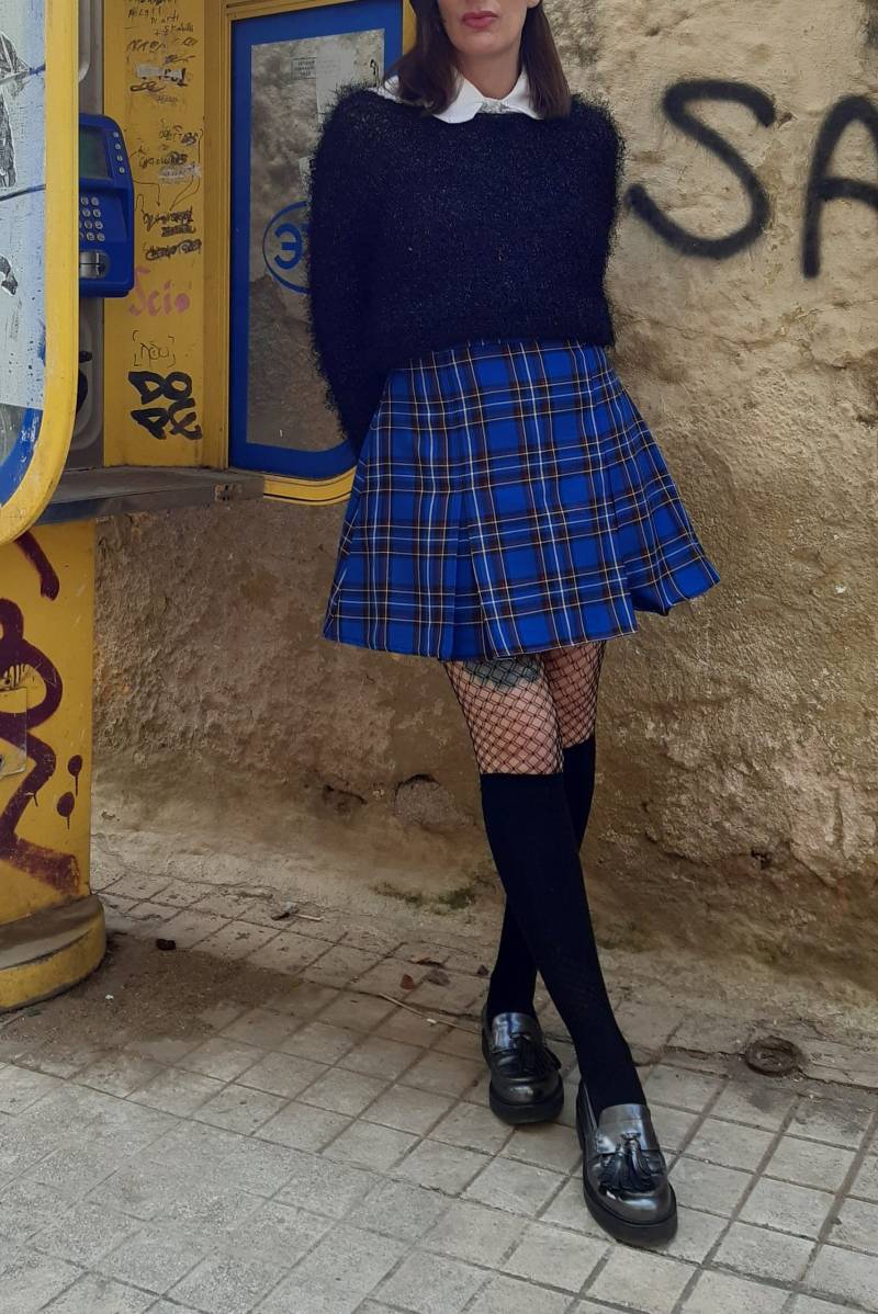 Tartan Skater Grunge Rock in Blau, Karierter Preppy Minirock Mit Falten, Punk Vichykaro Kurzer Rock, Made To Order, Plus Sizes von CruelCandy