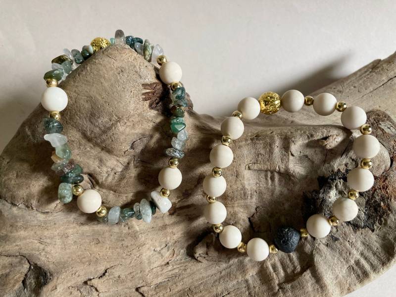 Mattierte Fossile Glattperle Und Ausgefallene Jaspis Chips Stretch Boho Artisan Armbänder von CrueltyFreeAlways
