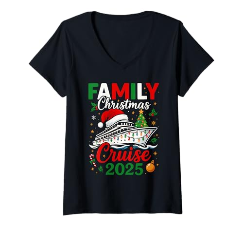 Damen Familien-Weihnachtskreuzfahrt 2025 Passende Gruppenkreuzfahrt Urlaub T-Shirt mit V-Ausschnitt von Cruise 2025 Family Christmas Winter Cruising Trip