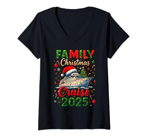 Damen Familien-Weihnachtskreuzfahrt 2025 Passender Familienkreuzfahrturlaub T-Shirt mit V-Ausschnitt von Cruise 2025 Family Christmas Winter Cruising Trip