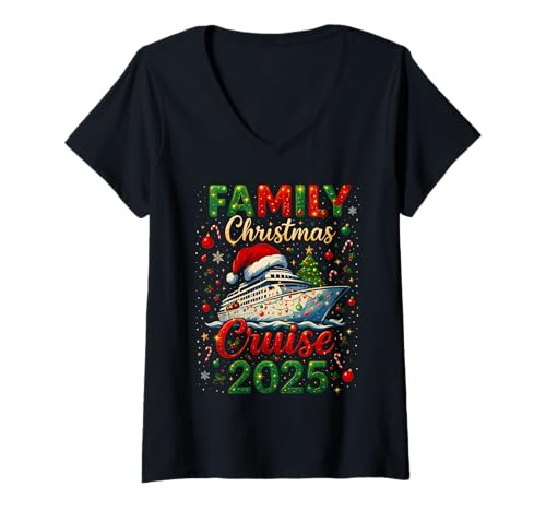 Damen Familien-Weihnachtskreuzfahrt 2025 Squad Xmas Funny Cruising Lover T-Shirt mit V-Ausschnitt von Cruise 2025 Family Christmas Winter Cruising Trip