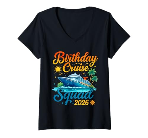 Damen Birthday Cruise Squad 2026 Kreuzfahrt Geburtstagsparty Urlaub T-Shirt mit V-Ausschnitt Damen Birthday Cruise Squad 2026 Kreuzfahrt Geburtstagsparty Urlaub T-Shirt mit V-Ausschnitt von Cruise Birthday Family Cruise 2026 Vacation Tee