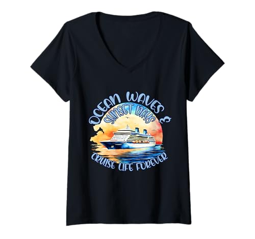 Damen Ocean Waves Sunset Cruise – Tropische Aquarell-Schiffskunst T-Shirt mit V-Ausschnitt Damen Ocean Waves Sunset Cruise – Tropische Aquarell-Schiffskunst T-Shirt mit V-Ausschnitt von Cruise Life Forever – Sunset Ocean Vibes