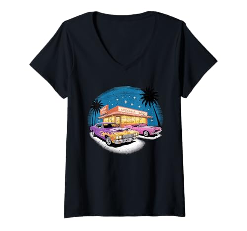 Damen Bunte Muscle Cars Retro Diner Nachtszene Oldtimer T-Shirt mit V-Ausschnitt Damen Bunte Muscle Cars Retro Diner Nachtszene Oldtimer T-Shirt mit V-Ausschnitt von Cruise Night Apparel