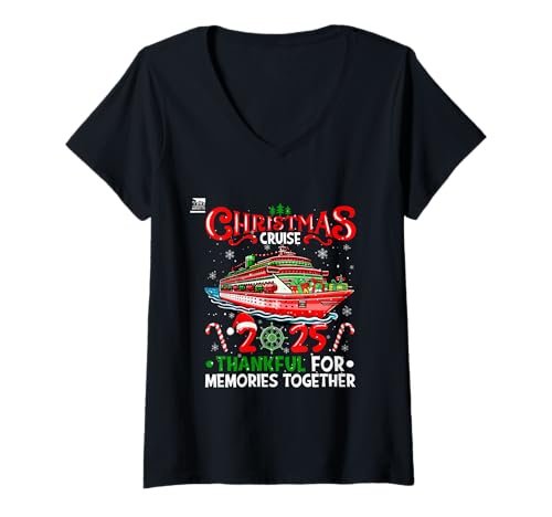 Damen Cruise 2025 Xmas Together Thankful for Memories Colorful T-Shirt mit V-Ausschnitt von Cruise Ship Christmas Costume