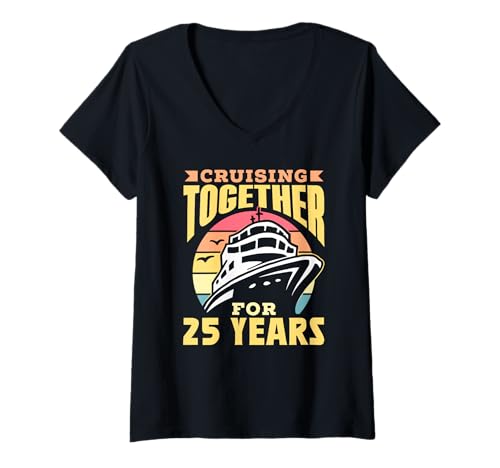 Damen Kreuzfahrt zusammen für 25 Jahre Kreuzfahrt Hochzeitstag T-Shirt mit V-Ausschnitt von Cruise Ship Couple Marriage Wedding Anniversary