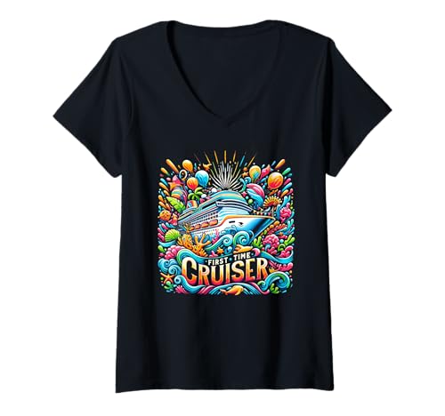 Damen First Time Cruiser Shirt First Time Cruise Shirt Kreuzfahrtschiff T-Shirt mit V-Ausschnitt von Cruise Ship Designs By ShirtZilla