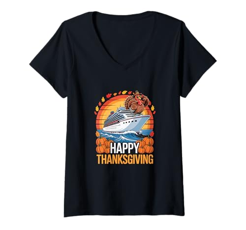 Damen Sunset Retro Happy Thanksgiving Fall Turkey On Cruise Ship T-Shirt mit V-Ausschnitt Damen Sunset Retro Happy Thanksgiving Fall Turkey On Cruise Ship T-Shirt mit V-Ausschnitt von Cruise Ship Thanksgiving Costume