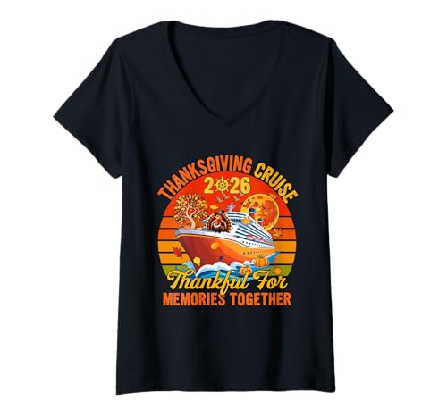 Damen Vintage Cruise 2026 Thanksgiving Together Turkey On Ship T-Shirt mit V-Ausschnitt Damen Vintage Cruise 2026 Thanksgiving Together Turkey On Ship T-Shirt mit V-Ausschnitt von Cruise Ship Thanksgiving Costume