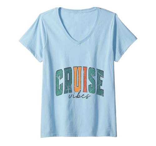 Damen Kreuzfahrt Retro Urlaub Kreuzfahrt Urlaub Familienausflug Vibes T-Shirt mit V-Ausschnitt Damen Kreuzfahrt Retro Urlaub Kreuzfahrt Urlaub Familienausflug Vibes T-Shirt mit V-Ausschnitt von Cruise Vibes Retro Ocean Travel Vacation Tee