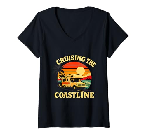 Damen Campen mit Wohnmobil am Strand, Kreuzfahrt an der Küste, Feriencamper T-Shirt mit V-Ausschnitt Damen Campen mit Wohnmobil am Strand, Kreuzfahrt an der Küste, Feriencamper T-Shirt mit V-Ausschnitt von Cruising Coastline Vintage RV Camper Sunset Life