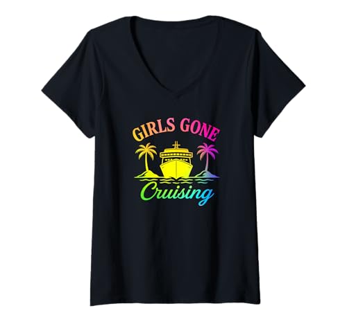 Damen Cruising Girls Gone Tropical Vacation Lustige Kreuzfahrt-Grafik T-Shirt mit V-Ausschnitt Damen Cruising Girls Gone Tropical Vacation Lustige Kreuzfahrt-Grafik T-Shirt mit V-Ausschnitt von Cruising Girls Trip Vacation Boat Palm Island