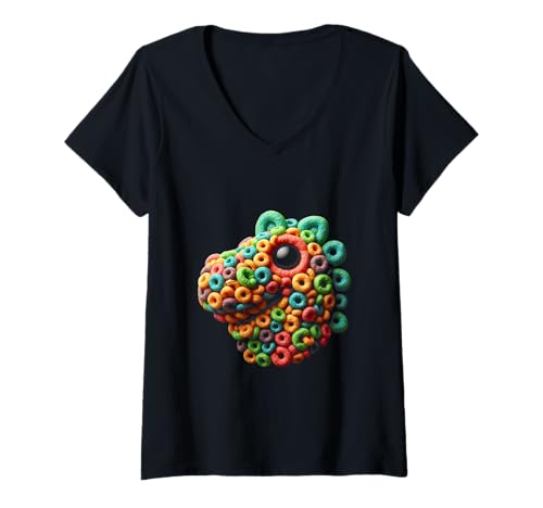 Damen Getreide-Saurus Rex in Regenbogenschlaufen T-Shirt mit V-Ausschnitt von Crunchy Dino Colors