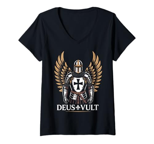 Damen Deus Vult Kreuzritter Tempelritter T-Shirt mit V-Ausschnitt von Crusader Deus Vult Knight