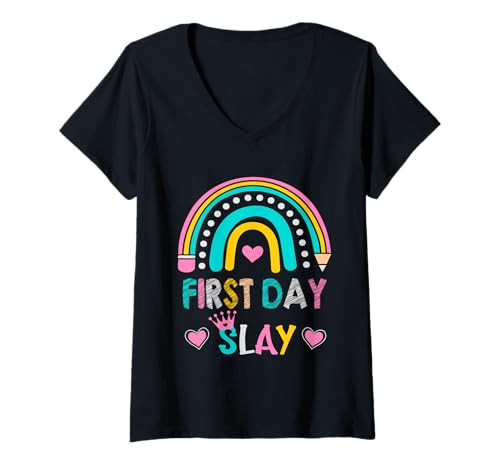 Damen First Day Slay for School Students - Funny Back to School T-Shirt mit V-Ausschnitt von Crush the First Day Back To School Vibes Designs