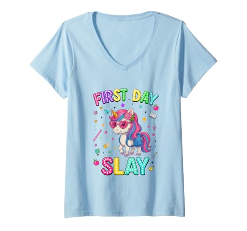 Damen First Day Slay für deinen lustigen ersten Schultag T-Shirt mit V-Ausschnitt Damen First Day Slay für deinen lustigen ersten Schultag T-Shirt mit V-Ausschnitt von Crush the First Day Back To School Vibes Designs