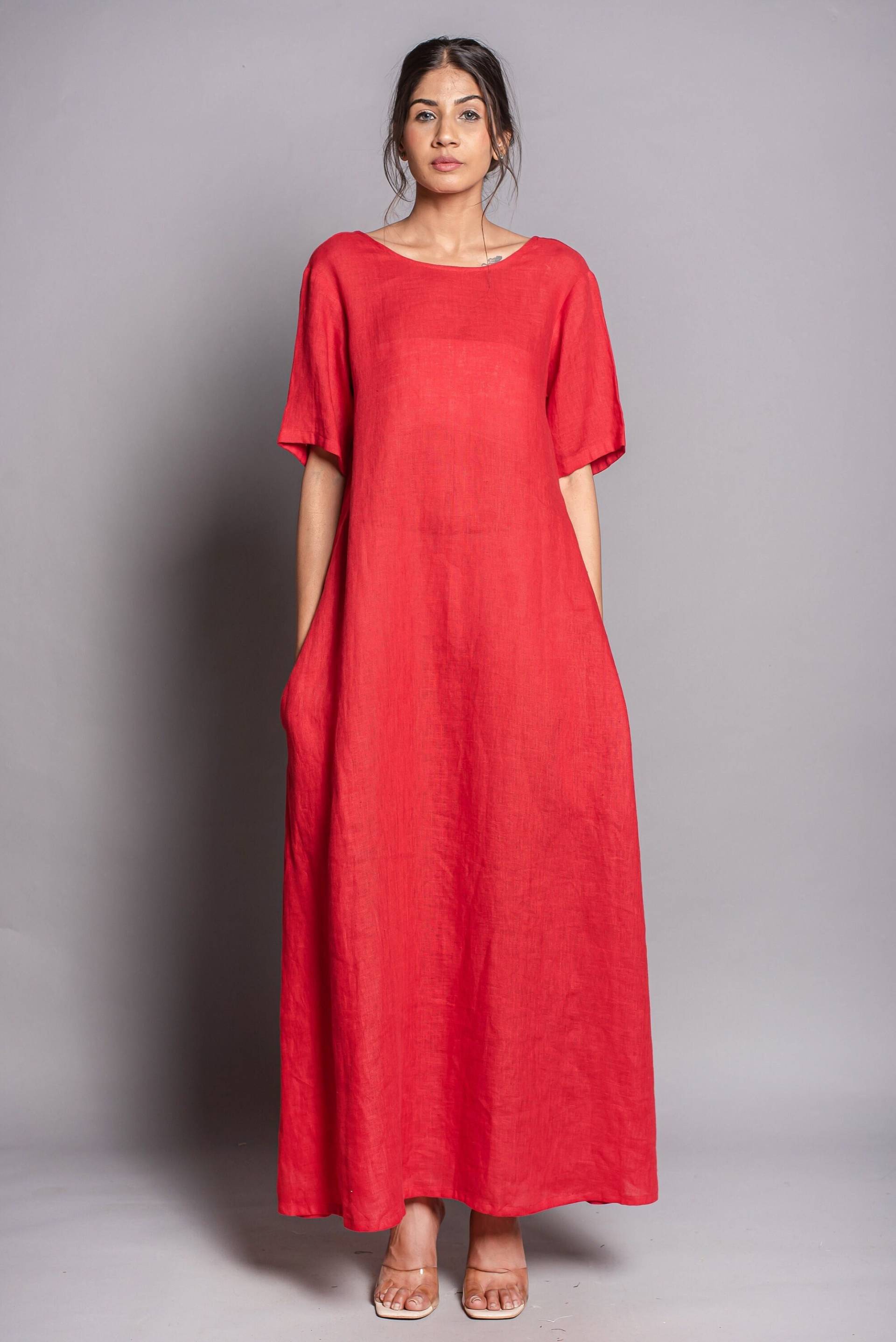 Rotes Leinen Maxikleid Übergröße A-Linie, Plus Size Erhältlich von Crush4linen