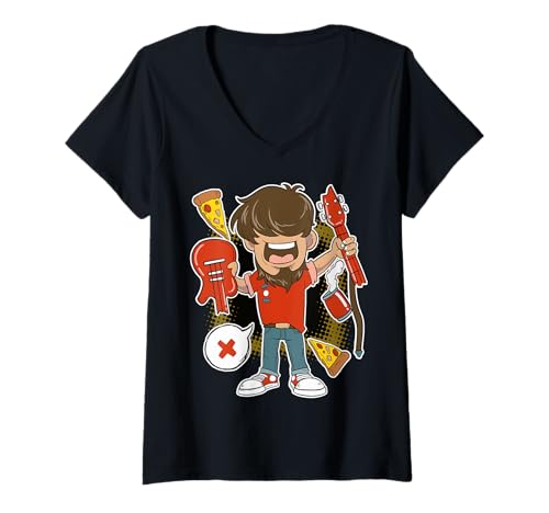 Damen Cartoon Rocker Chaos und Pizza Vibes T-Shirt mit V-Ausschnitt Damen Cartoon Rocker Chaos und Pizza Vibes T-Shirt mit V-Ausschnitt von Crust And Chords Collective