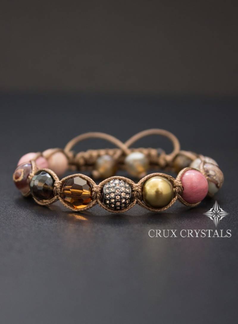 Bronzina Edelstein Perlen Armband, Herbst Schmuck, Swarovski Perlen, Shamballa Rhodonit Wickelarmband, Boho Stack Armband Makramee von CruxCrystals