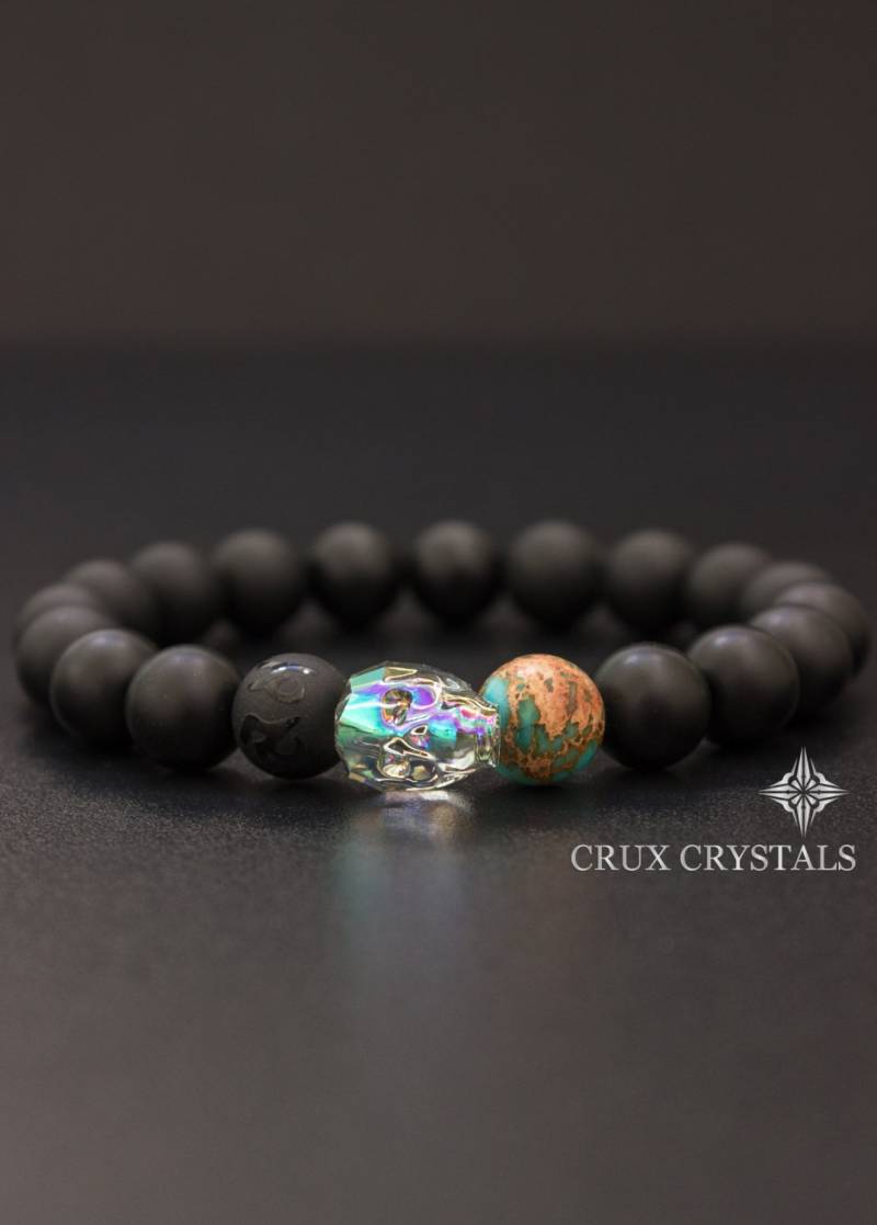 Herren Armband Swarovski Kristall Schwarzer Onyx & Jaspis Edelstein von CruxCrystals