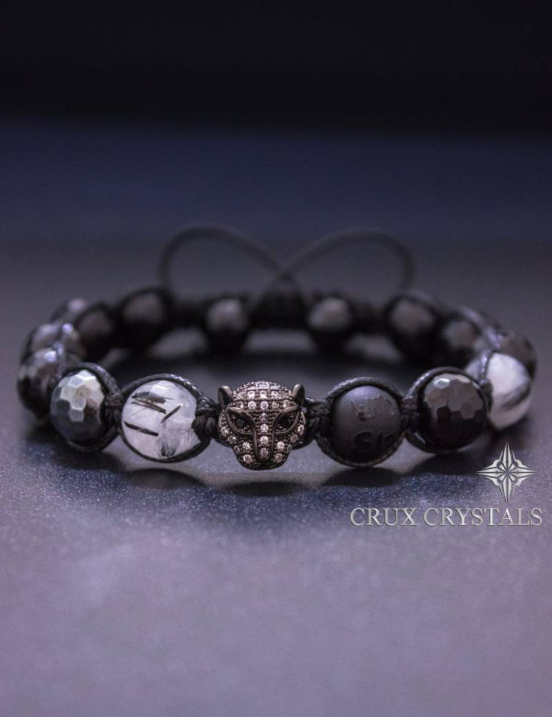 Leopard, Herren Edelstein Armband, Perlen Shamballa Geschenke, Schwarz Makramee, Armband Onyx, Rutilquarz von CruxCrystals