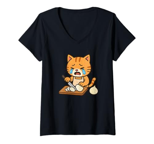 Damen Weinende Katze schneidet Zwiebel T-Shirt mit V-Ausschnitt Damen Weinende Katze schneidet Zwiebel T-Shirt mit V-Ausschnitt von Crying Cat Cutting Onion Collection