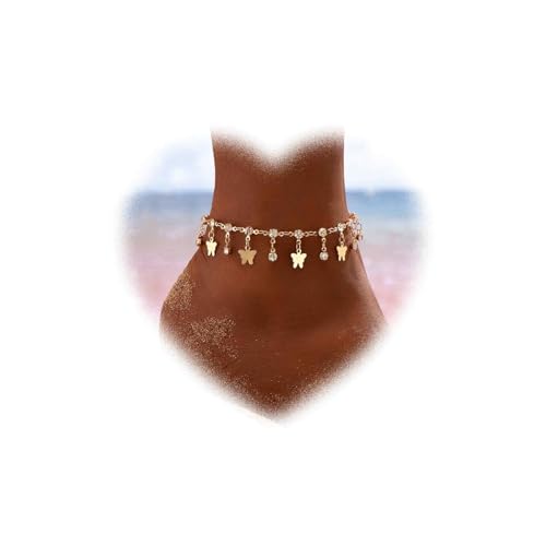 Bohemian Kristall Anhänger Kette Fußketten Golden Schmetterling Quaste Kette Fußketten Rund Strass Perlen Knöchel Armband Einfache Fußketten Sommer Fußketten Schmuck für Mädchen Geschenke (Gold) von Crymystal