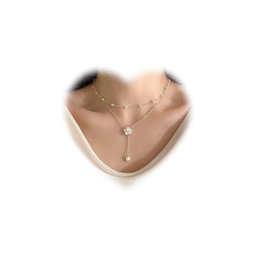 Crymystal Damen Y-Halskette mit Perlen und Blumen Anhänger, Gold, Weiß, 16 Zoll, Unisex, Böhmisch, Erwachsene, Frauen, Halskette von Crymystal