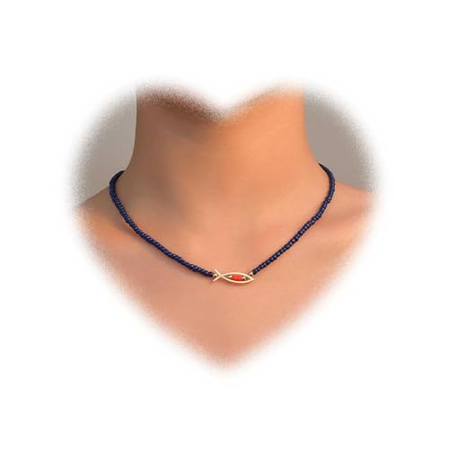 Crymystal Bohemian Fisch Anhänger Halskette blaue Perlen Halskette Gold Hohl Fisch Halskette Kette Minimal Fisch Halskette Schmuck Frauen und Teenager Geschenke von Crymystal