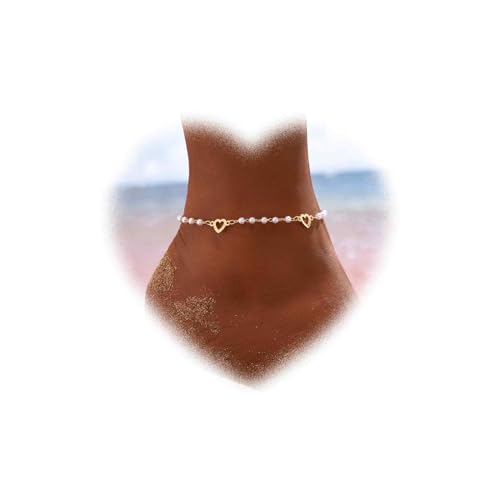 Crymystal Bohemian Herz Fußkettchen Damen Vintage Perlen Fußkettchen Gold Perlen Perlen Fußkettchen Herz Fußkettchen Armband Sommer Strand Fußkettchen Fußkettchen Mädchen Schmuck Geschenke (Gold) von Crymystal