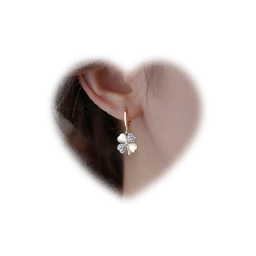 Crymystal Bohemian Vierblättrige Kleeblatt Ohrringe Gold Kleeblatt Ohrring Kristallblüten Hängeohrringe Blumen Umarmung Ring Ohrring Schmuck Geschenke für Damen und Mädchen (Weiß) von Crymystal