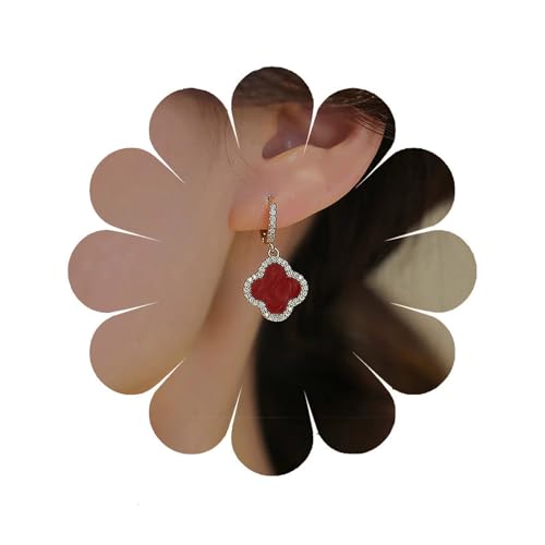 Crymystal Boho Ohrringe mit Rot Kleeblatt vierblättriges Kleeblatt baumelnde Ohrringe mit Kristallklee CZ Huggie Creolen Schmuck für Frauen und Mädchen Geschenke (Rot) von Crymystal