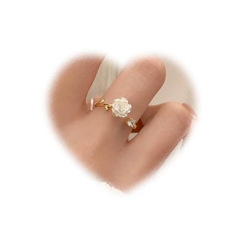 Crymystal Boho Ring Mit Weißen Blumen Weiße Rose Knuckle Ring Rosen Blüten Stapelring Gepunkteter Kristall Fingerring Offener Mit Strasssteinen Schmuck für Frauen Geschenke (Gold) von Crymystal